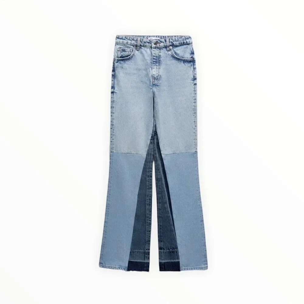 ZARA Patchwork Wide Leg Jeans Color Block Blue NWT Size 0 (24) - Picture 2 of 9